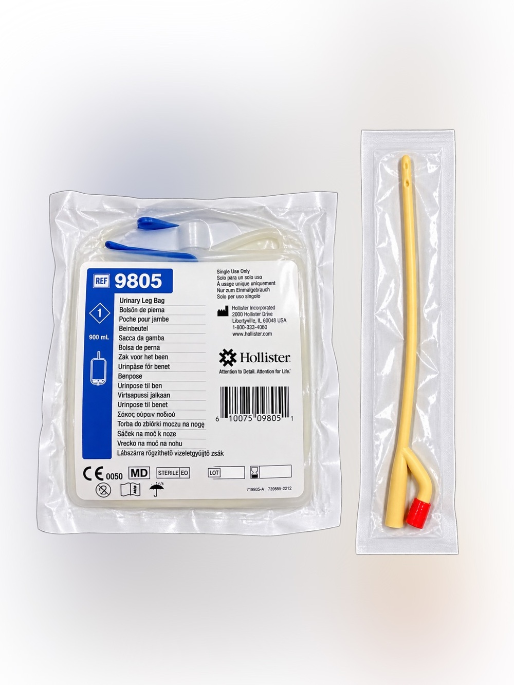 Hollister Urinary Leg Bag Kit with Blue Trim and Cream Catheter